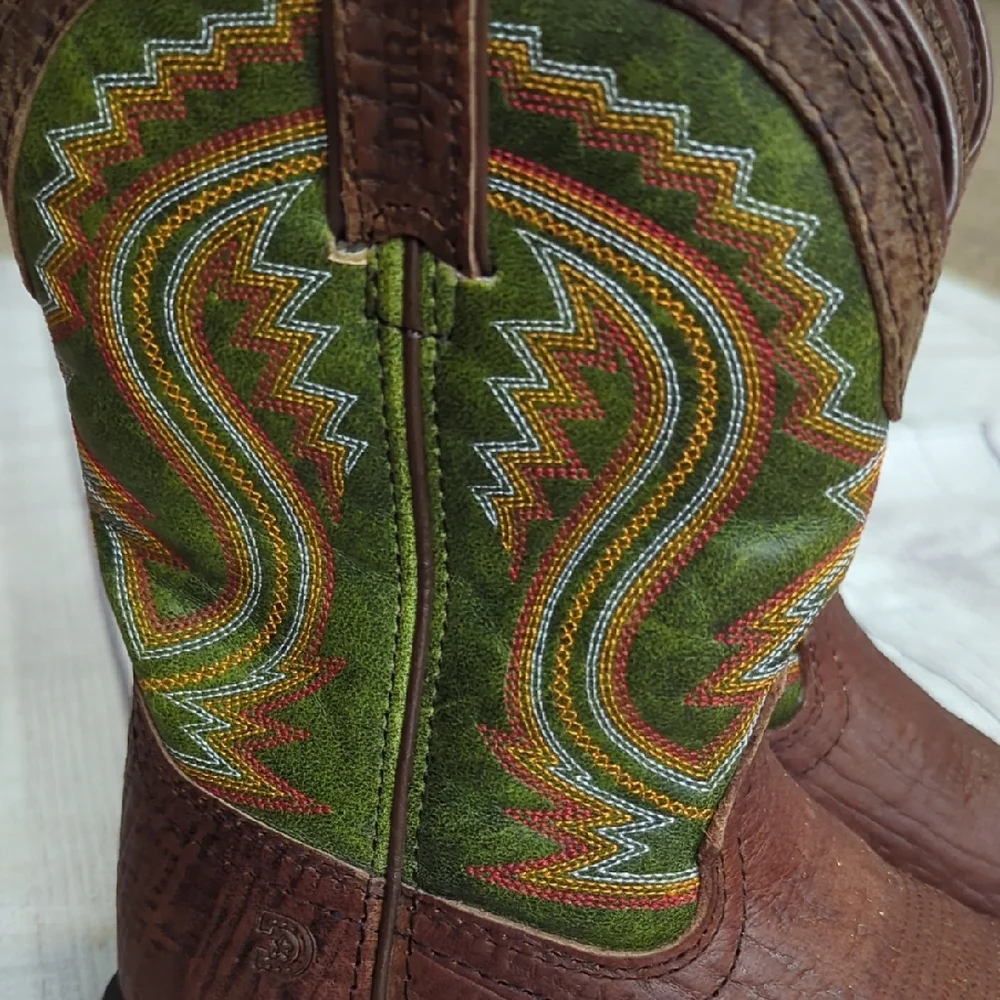 Durango Brown Leather Kids Cowboy Boots with Green Embroidered Shaft